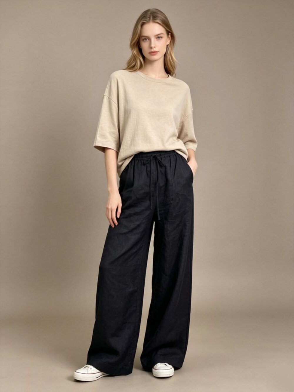 $ 332 NWOT 12 STOREEZ Wide Leg Drawstring Pants in Ramie Pull on Black Size S